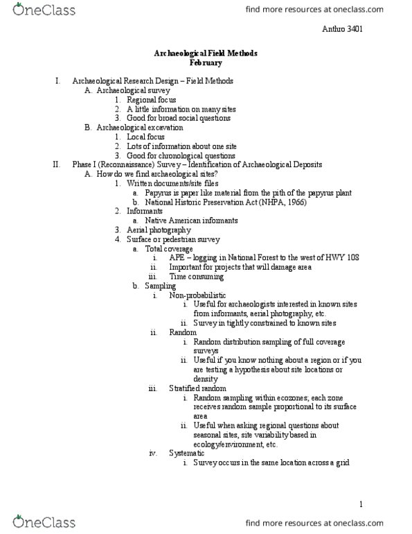 ANTHROP 3401 Lecture Notes - Lecture 6: National Historic Preservation Act Of 1966, Ground-Penetrating Radar, Systematic Sampling thumbnail