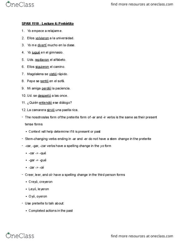 SPAN 2001 Lecture Notes - Lecture 6: Preterite, Paella, Vehicle Identification Number thumbnail