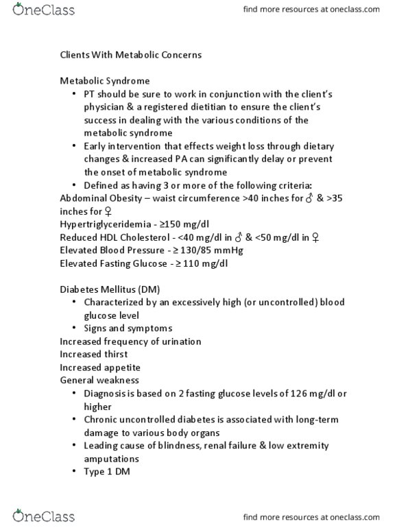KINE 416 Lecture Notes - Lecture 17: Diabetes Mellitus Type 2, Diabetic Ketoacidosis, Diabetes Mellitus Type 1 thumbnail