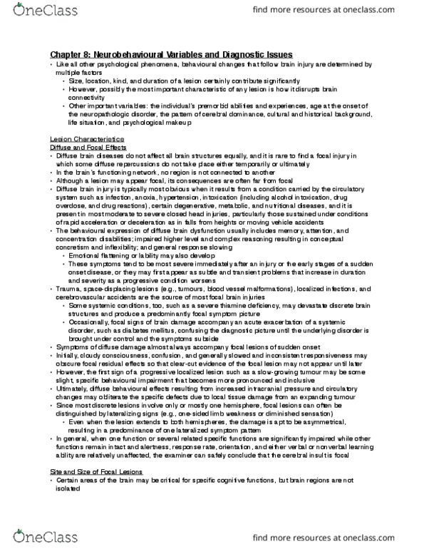 PSYC31H3 Chapter Notes - Chapter 8: Focal And Diffuse Brain Injury, Vascular Dementia, Neuropsychological Test thumbnail