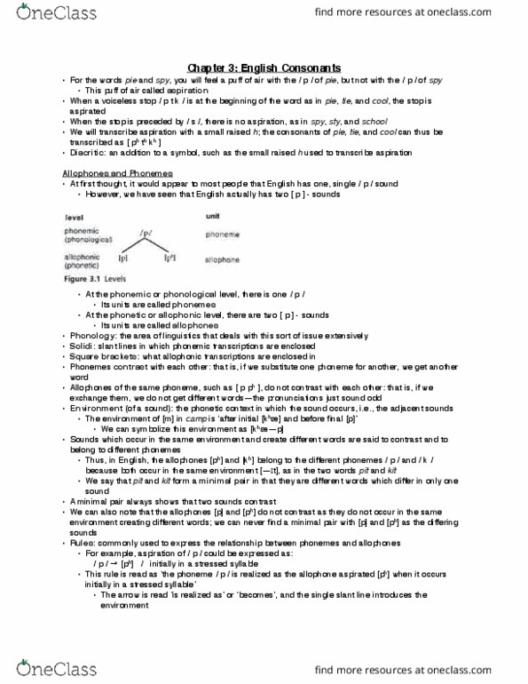 LINB09H3 Chapter Notes - Chapter 3: Allophone, Coronal Consonant, Front Vowel thumbnail