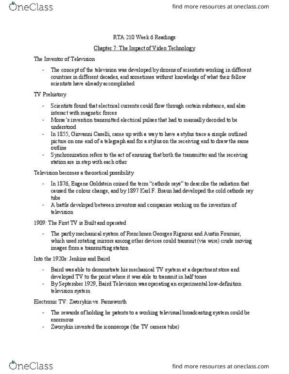 RTA 210 Chapter Notes - Chapter 7,13: Cathode Ray Tube, Giovanni Caselli, David Sarnoff thumbnail