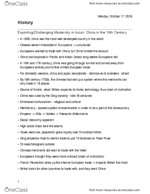 HISTORY 1DD3 Lecture Notes - Lecture 12: British Chinese, Hong Kong Americans, Qing Dynasty thumbnail