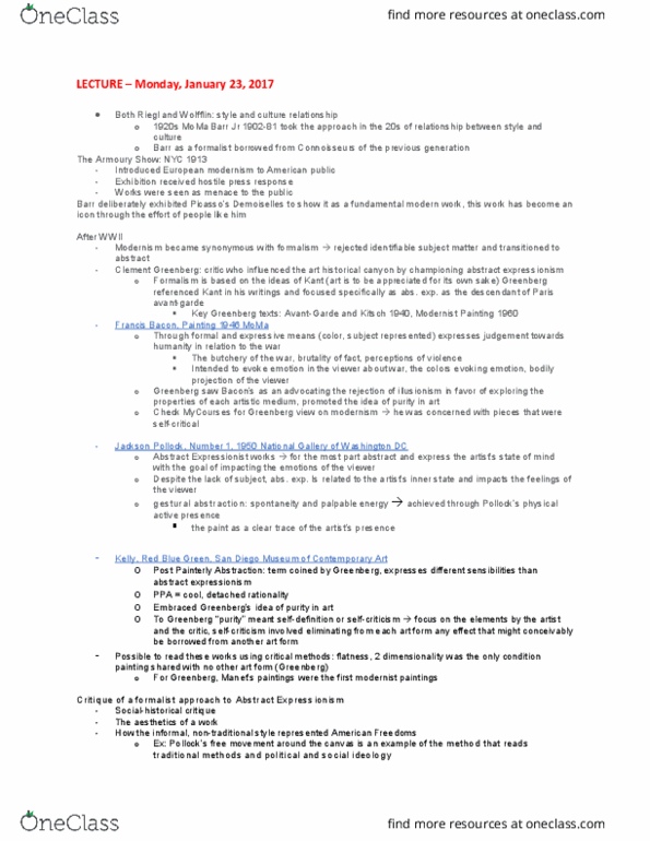 ARTH 305 Lecture Notes - Lecture 4: The Armoury Show, Clement Greenberg, Post-Painterly Abstraction thumbnail