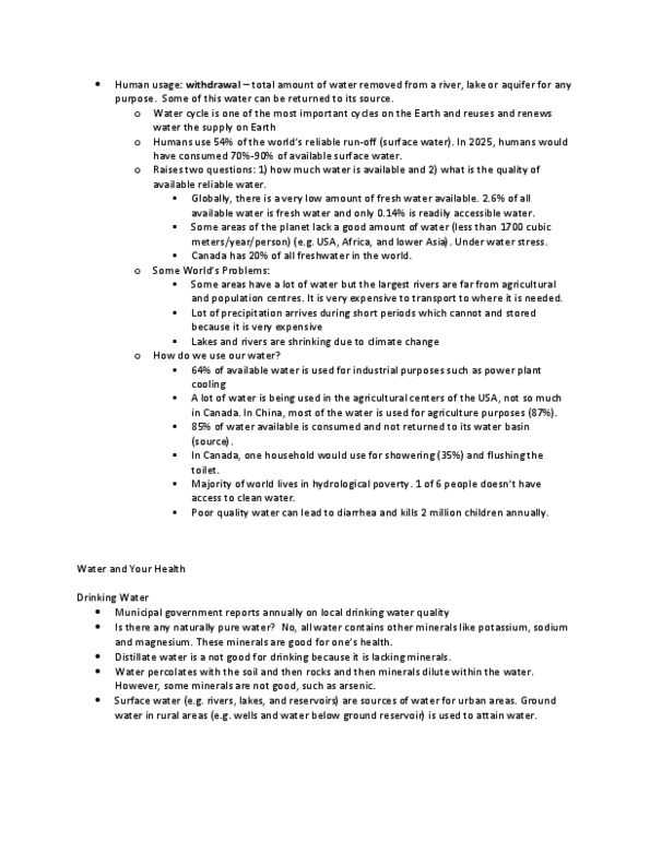 ENVS 4040 Lecture Notes - Lecture 18: Disinfectant, Water Cycle, Aquifer thumbnail