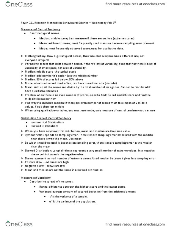 PSYCH101 Lecture Notes - Lecture 14: Skewness, Sampling Error, Standard Deviation thumbnail