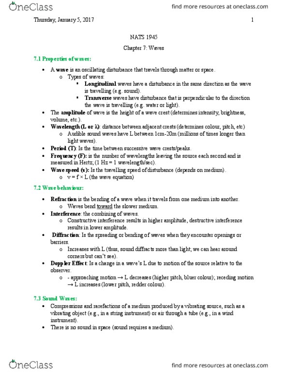 NATS 1945 Lecture Notes - Lecture 7: Diffraction, Refraction, Wind Instrument thumbnail