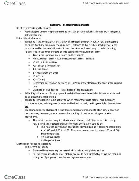 PSYB01H3 Chapter Notes - Chapter 5: Pearson Product-Moment Correlation Coefficient, Inter-Rater Reliability, Operational Definition thumbnail