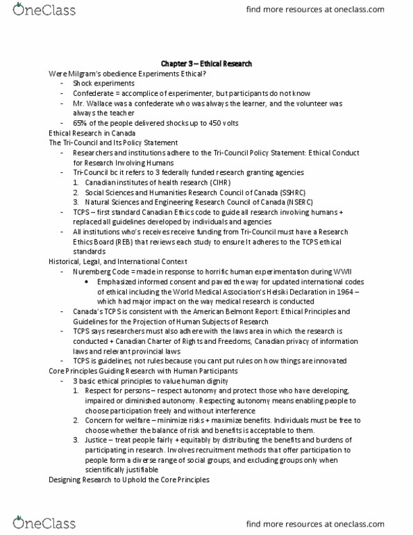 PSYB01H3 Chapter Notes - Chapter 3: Nuremberg Code, Belmont Report, Natural Sciences And Engineering Research Council thumbnail