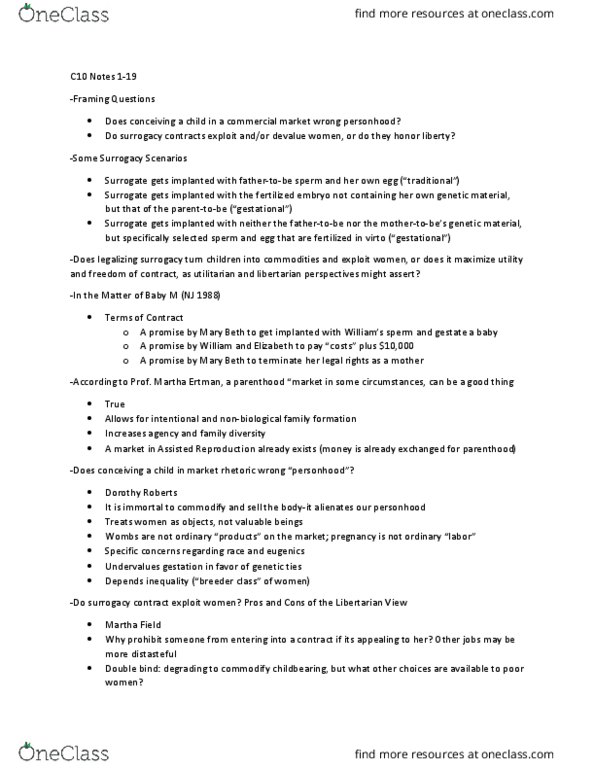 CRM/LAW C10 Lecture Notes - Lecture 3: Surrogacy, Dorothy Roberts, Double Bind thumbnail