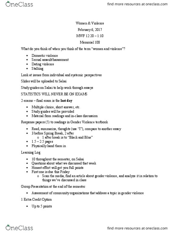 WOMS240 Lecture Notes - Lecture 1: Multiple Choice, Cyberstalking, Ray Rice thumbnail