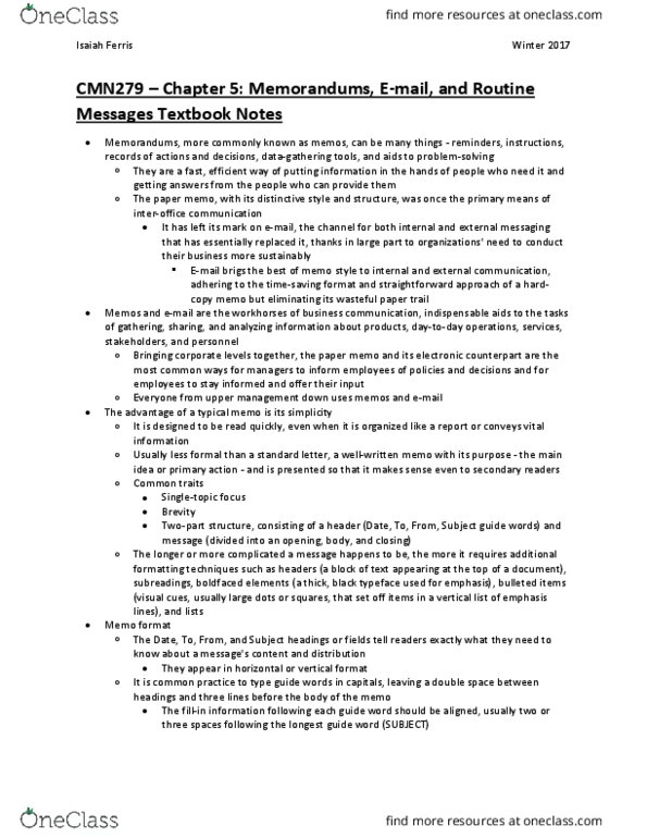 CMN 279 Chapter Notes - Chapter 5: Etiquette In Technology, Business Communication, Computer File thumbnail