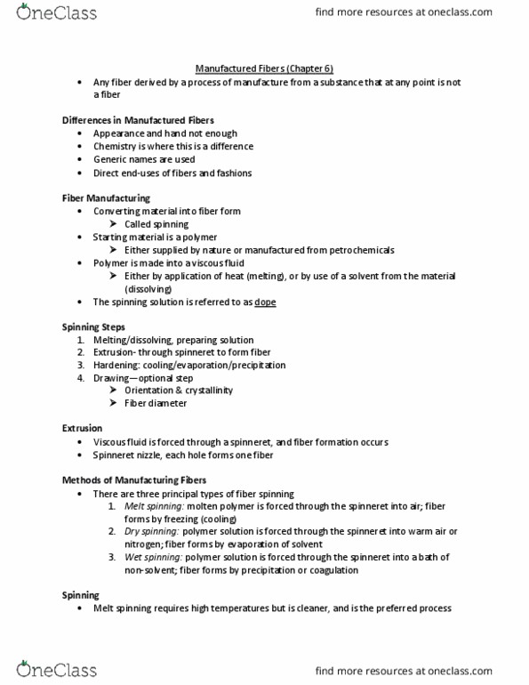 CTD 261 Lecture Notes - Lecture 9: Melt Spinning, Natural Fiber, Nylon 66 thumbnail