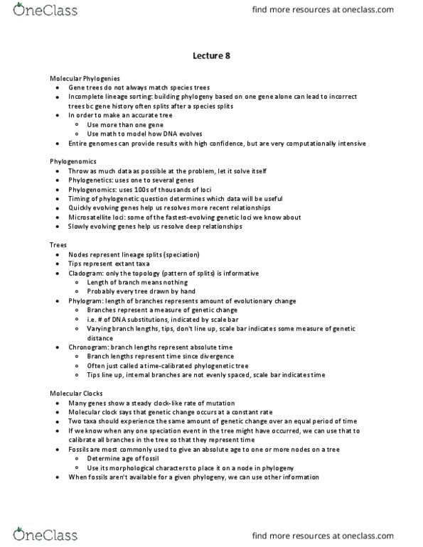 GE CLST 70B Lecture Notes - Lecture 8: Phylogenomics, Neontology, Molecular Clock thumbnail