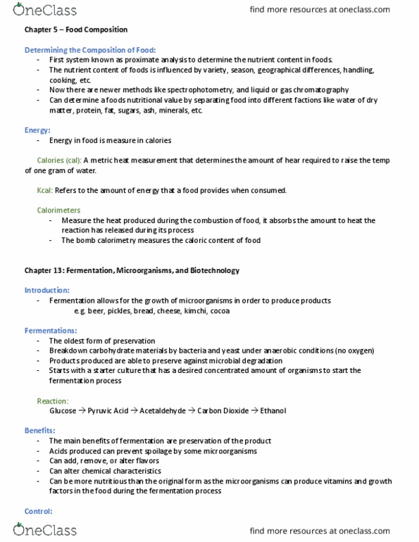 NU FS100 Chapter Notes - Chapter 5 and 13: Kimchi, Spectrophotometry, Fermentation Starter thumbnail