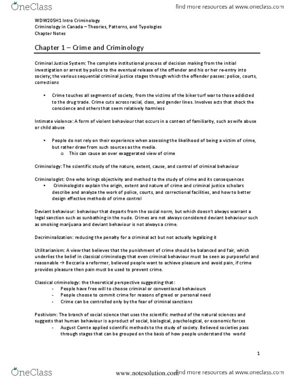 WDW101Y1 Chapter 1: Chapter 1 Notes Crim. in Canada thumbnail