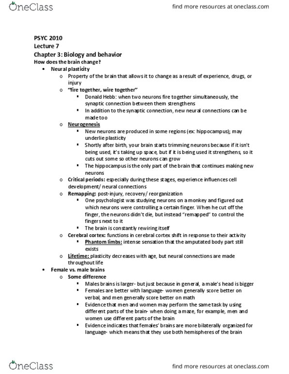 PSYC 2010 Lecture Notes - Lecture 7: Donald O. Hebb, Neuroplasticity, Cerebral Cortex thumbnail