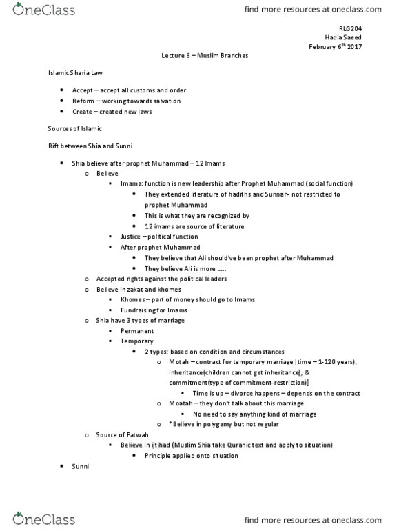 RLG204H5 Lecture Notes - Lecture 6: Ijma, Marriage, Ijtihad thumbnail