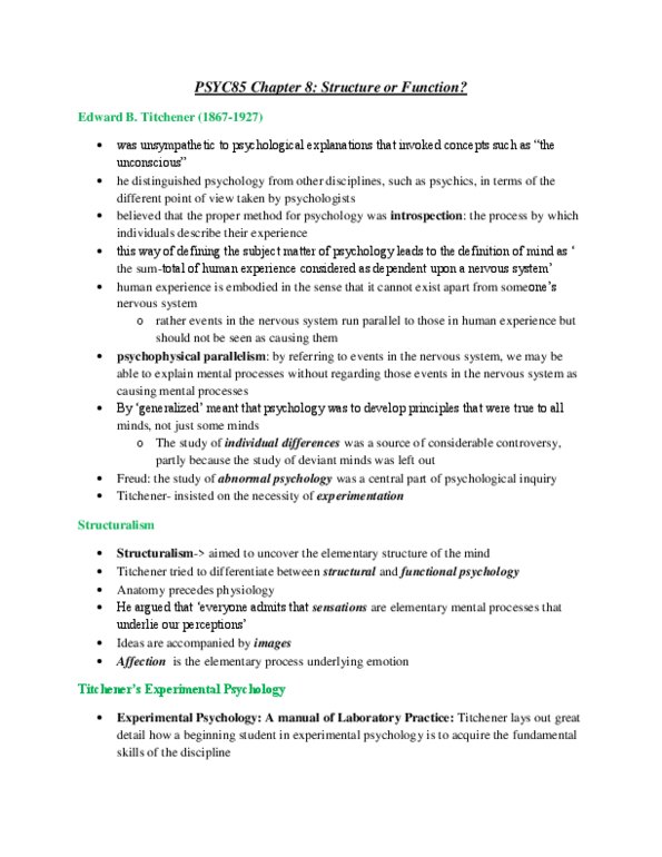 PSYC85H3 Lecture Notes - Edward B. Titchener, Psychophysical Parallelism, Experimental Psychology thumbnail