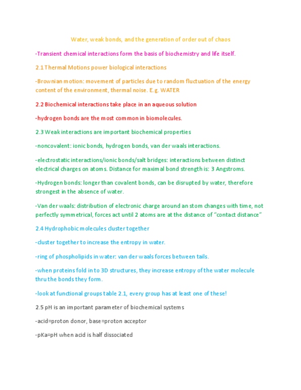 BIOL 2020 Chapter Notes - Chapter 2: Van Der Waals Force, Weak Interaction, Phospholipid thumbnail