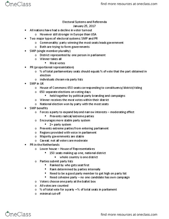 POLI 212 Lecture Notes - Lecture 9: Party System, Lower House, Plurality Voting System thumbnail