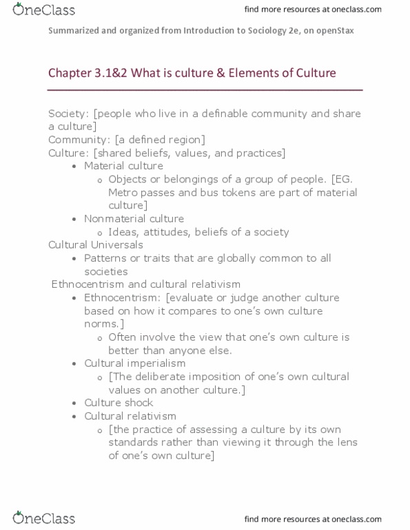 SOCIOL 110 Chapter 3.1&3.2: Culture and Elements of Culture thumbnail