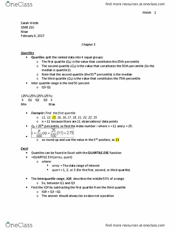 QMB-210 Lecture 8: Quartiles/ Interquartile range/ Box & Whisker plot/ Measures of association between two variables/ thumbnail