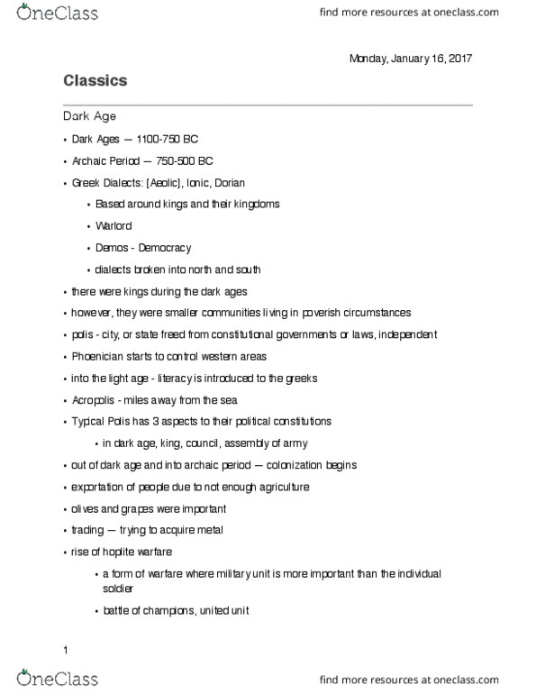 CLASSICS 1A03 Lecture Notes - Lecture 2: Hoplite thumbnail