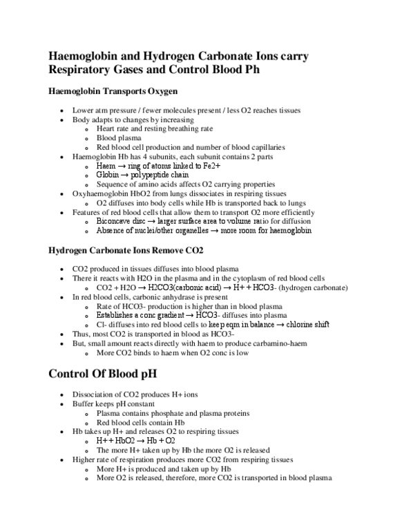 CHEM 112 Lecture Notes - Bicarbonate, Red Blood Cell, Heme thumbnail