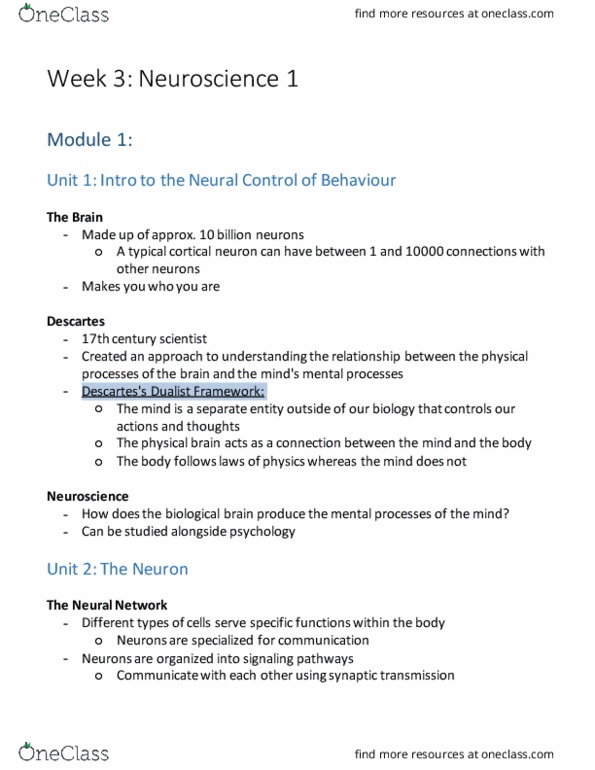 PSYCH 1XX3 Lecture 3: Week 3 Neuroscience 1 (Module and Lecture Notes) thumbnail