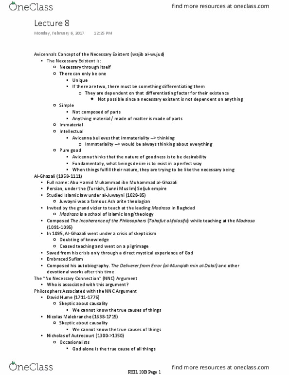 PHIL 20B Lecture Notes - Lecture 8: Nicolas Malebranche, Necessitarianism, Ata-Malik Juvayni thumbnail