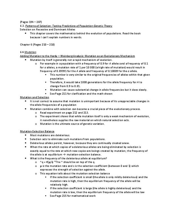 BLG 230 Lecture Notes - Allele Frequency, Mutation Rate, Selection Coefficient thumbnail