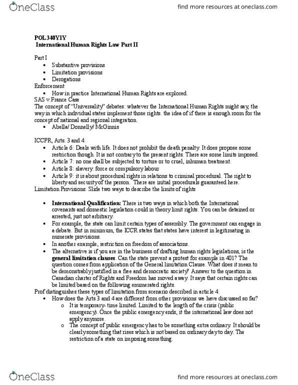 POL340Y1 Lecture Notes - Lecture 2: United Nations Human Rights Committee, International Covenant On Civil And Political Rights, Indian Council For Cultural Relations thumbnail