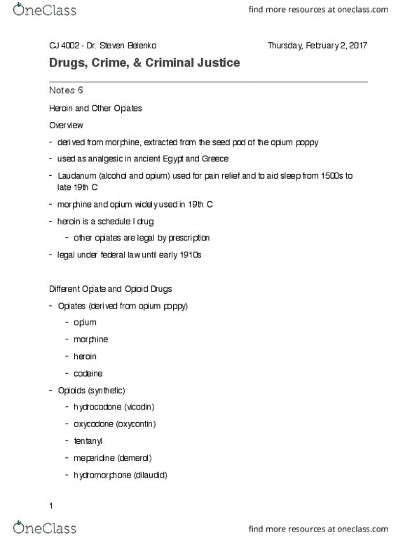 CJ 4002 Lecture Notes - Lecture 6: Opioid Receptor, Opioid, Hydromorphone thumbnail