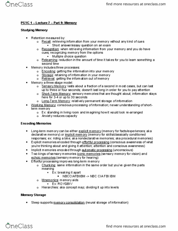 PSYC 1 Lecture Notes - Lecture 7: Implicit Memory, Sensory Memory, Explicit Memory thumbnail