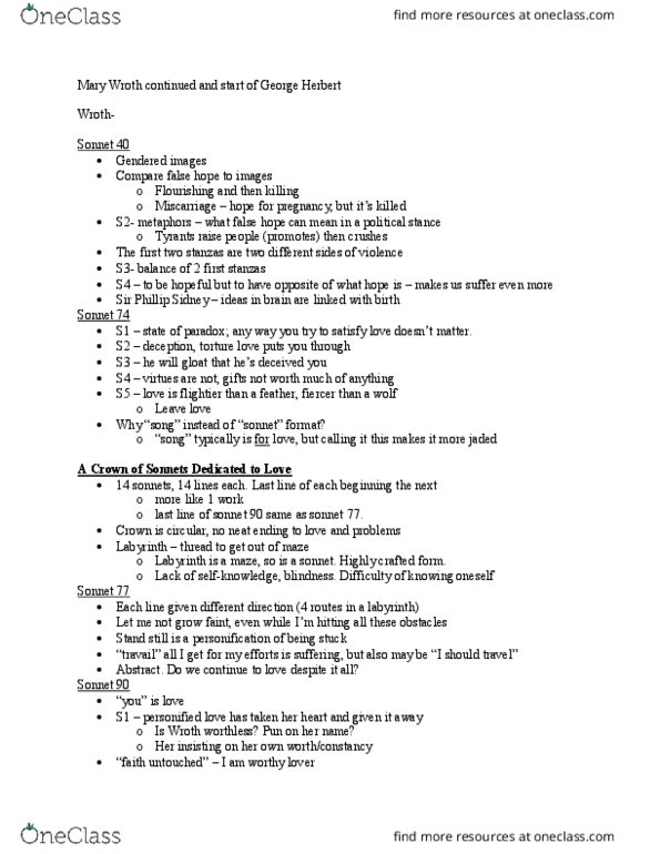 ENG 3340 Lecture Notes - Lecture 6: Philip Sidney, Sonnet 40, Miscarriage thumbnail