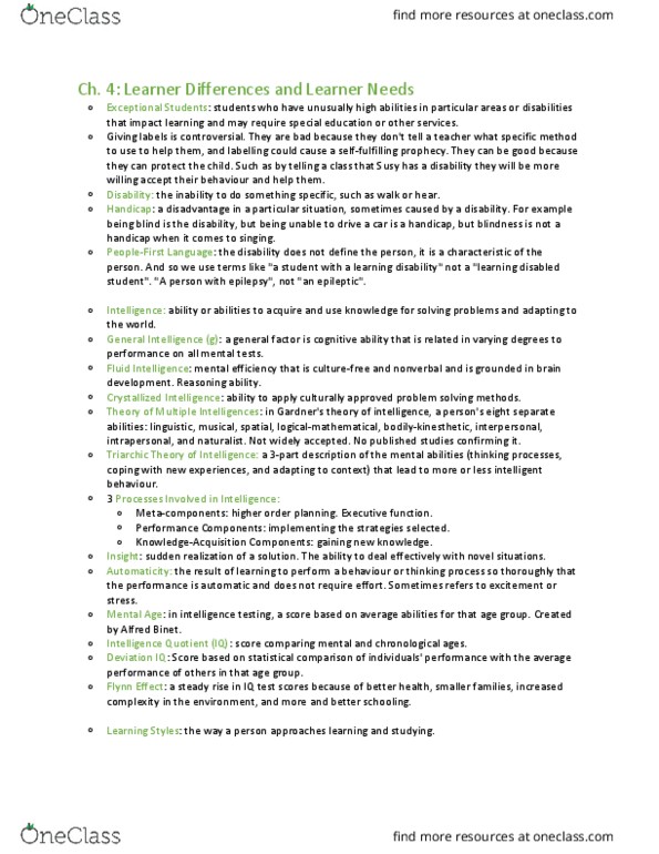 Psychology 2062A/B Chapter 4: Ch. 4 Learner Differences and Learner Needs thumbnail