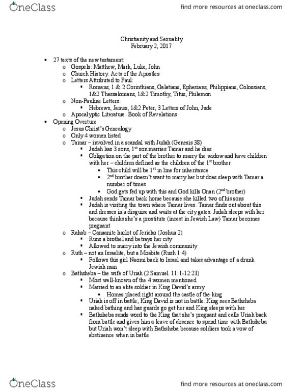 RELG 271 Lecture Notes - Lecture 9: Second Epistle To The Thessalonians, Books Of Samuel, Epistle To The Colossians thumbnail