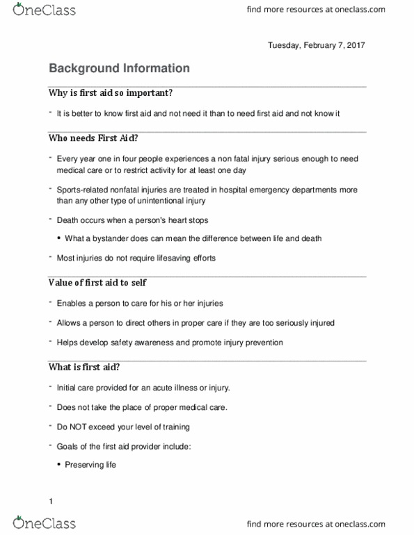 KNR 180 Lecture Notes - Lecture 1: First Aid, Implied Consent, Lifesaving thumbnail