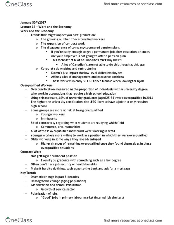 SOCIOL 1A06 Lecture Notes - Lecture 14: Overqualification, Pension, Shift Work thumbnail