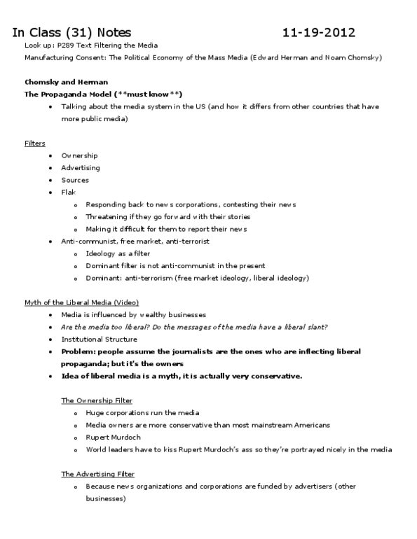 SOCI 100 Lecture Notes - Rupert Murdoch, Edward S. Herman, Propaganda Model thumbnail