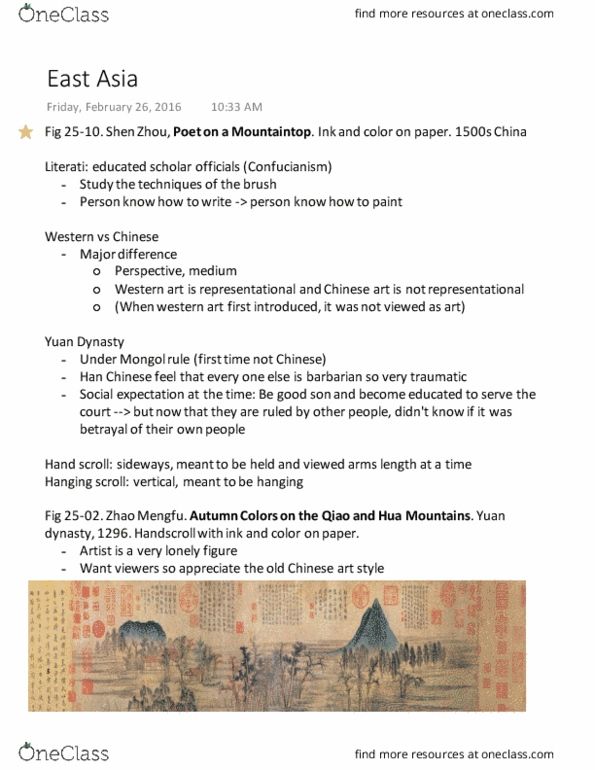 ART 176 Lecture Notes - Lecture 9: Yuan Dynasty, Hanging Scroll, Shen Zhou thumbnail