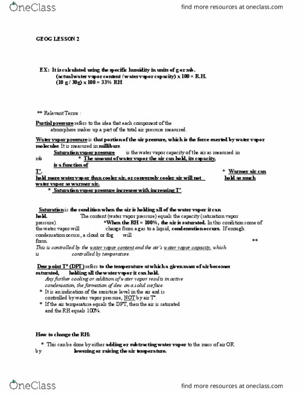 GEOG 1101 Lecture Notes - Lecture 2: Humidity, Partial Pressure, Dew Point thumbnail