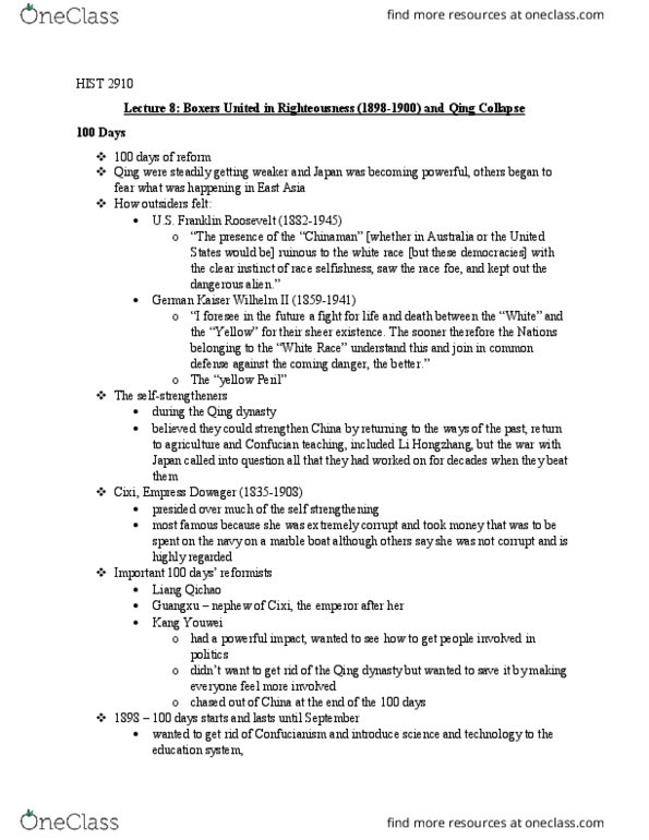 HIST 2910 Lecture Notes - Lecture 8: Empress Dowager Cixi, Empress Dowager, Kang Youwei thumbnail