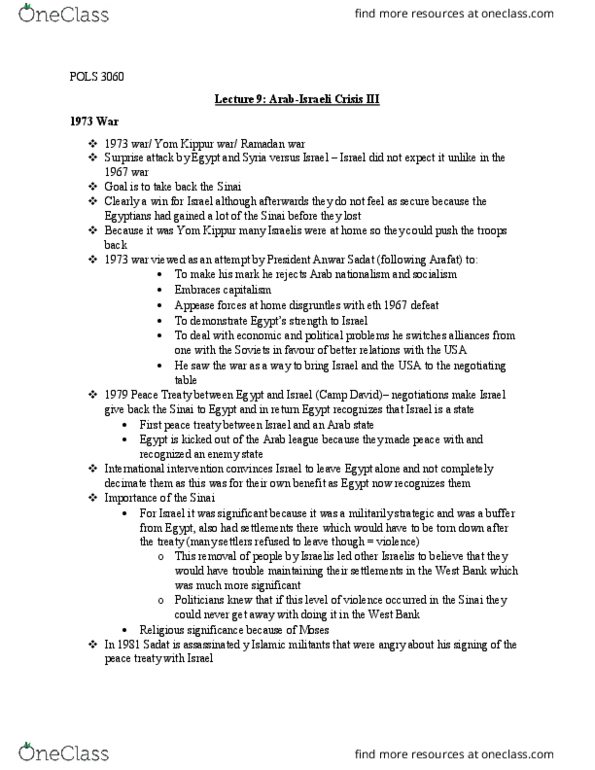 POLS 3060 Lecture Notes - Lecture 9: Arab League, Six-Day War, Arab Nationalism thumbnail