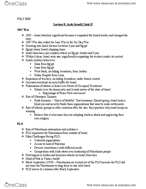 POLS 3060 Lecture Notes - Lecture 8: Gush Emunim, Six-Day War, Peace Now thumbnail