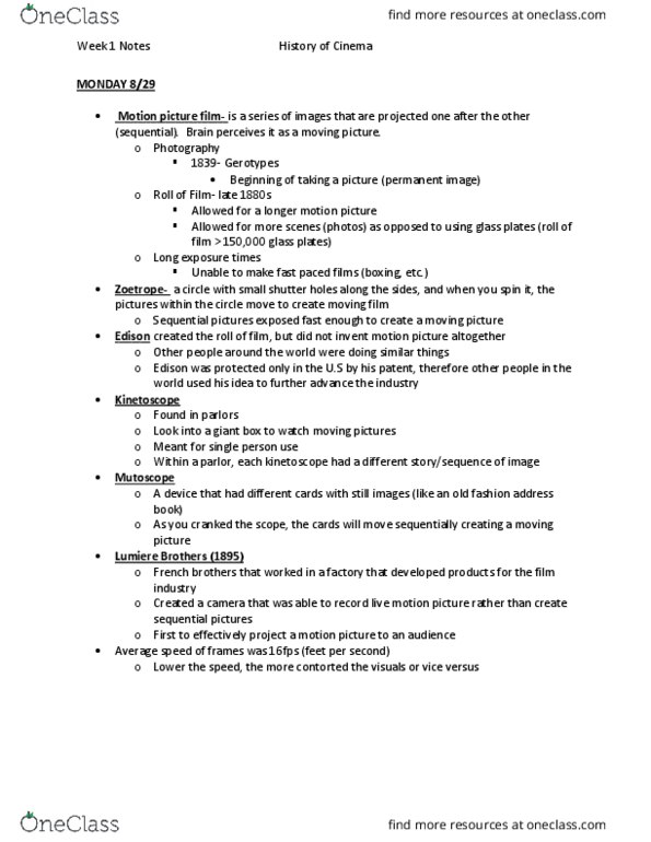 FILM 2153 Lecture Notes - Lecture 1: Kinetoscope, Mutoscope thumbnail