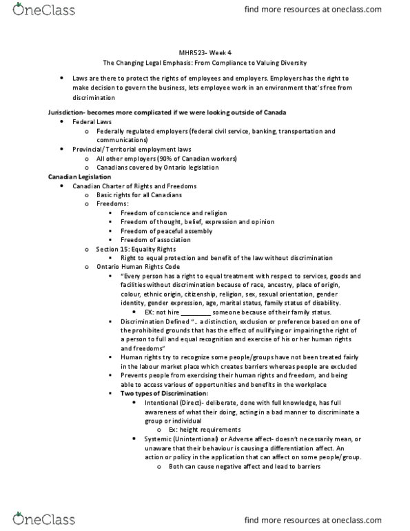 MHR 523 Lecture Notes - Lecture 4: Ontario Human Rights Code, Equal Protection Clause, Closed-Circuit Television thumbnail