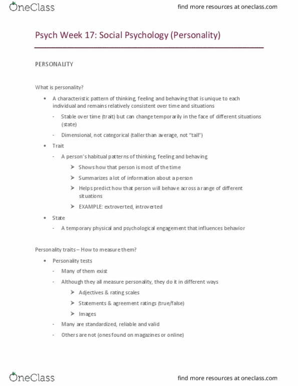 PSYC 100 Lecture Notes - Lecture 17: Raymond Cattell, Personality Test, Factor Analysis thumbnail