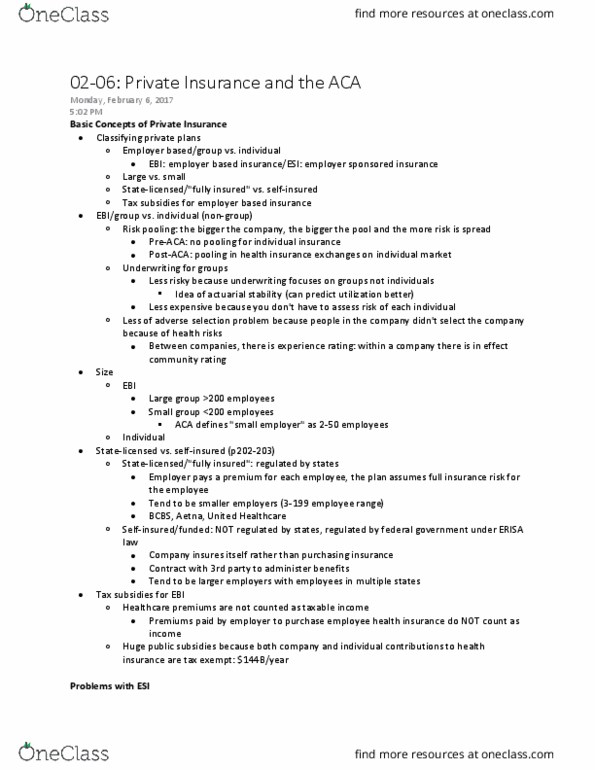 PHP 0310 Lecture Notes - Lecture 6: Health Insurance Mandate, Unitedhealth Group, Employee Retirement Income Security Act thumbnail